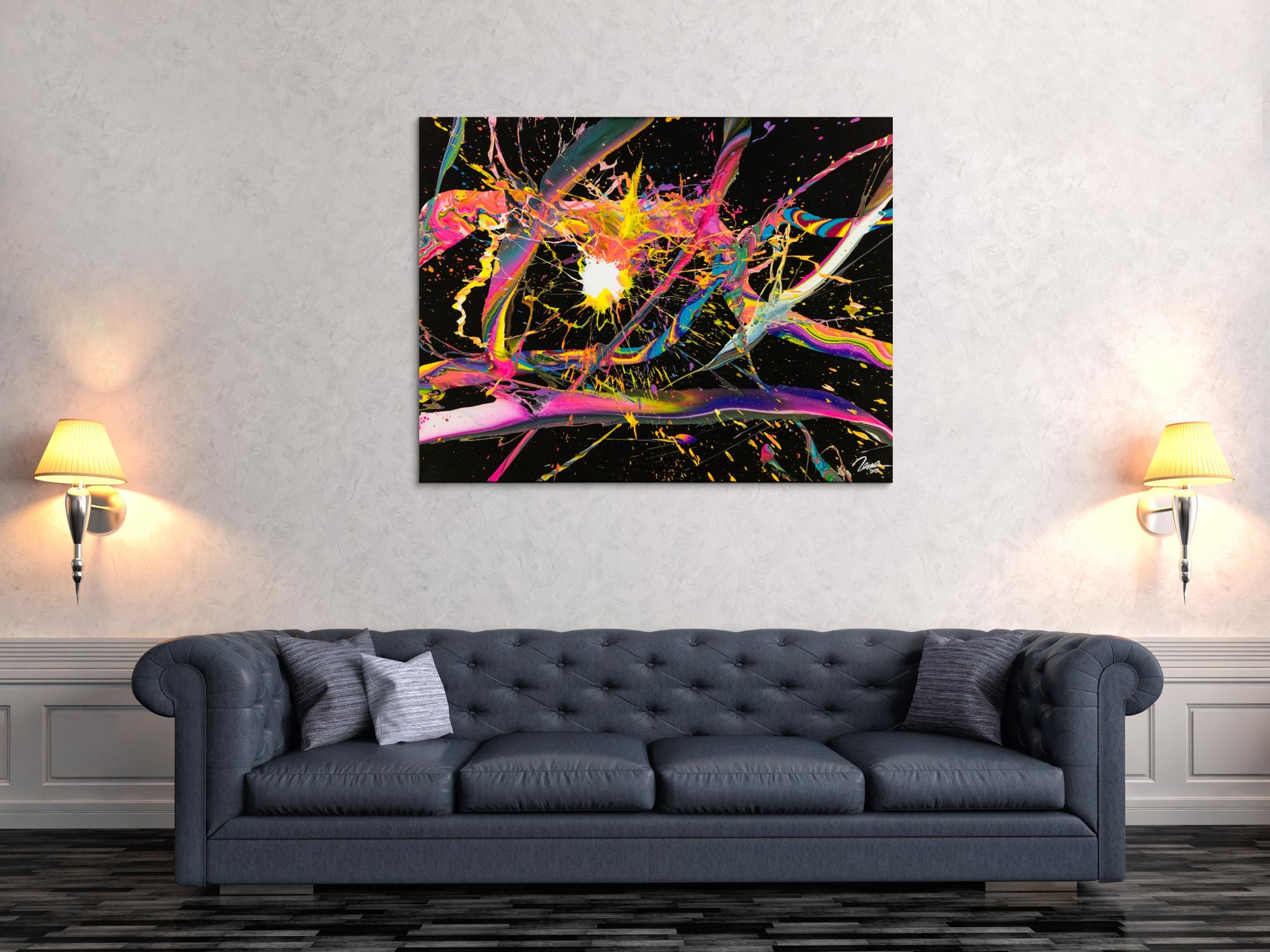 Abstraktes Gemälde 100x130cm Action Painting dynamisch Fluid Art schwarz NEON bunt auf Leinwand