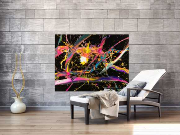 Abstraktes Gemälde 100x180cm Action Painting dynamisch Fluid Art schwarz NEON bunt auf Leinwand