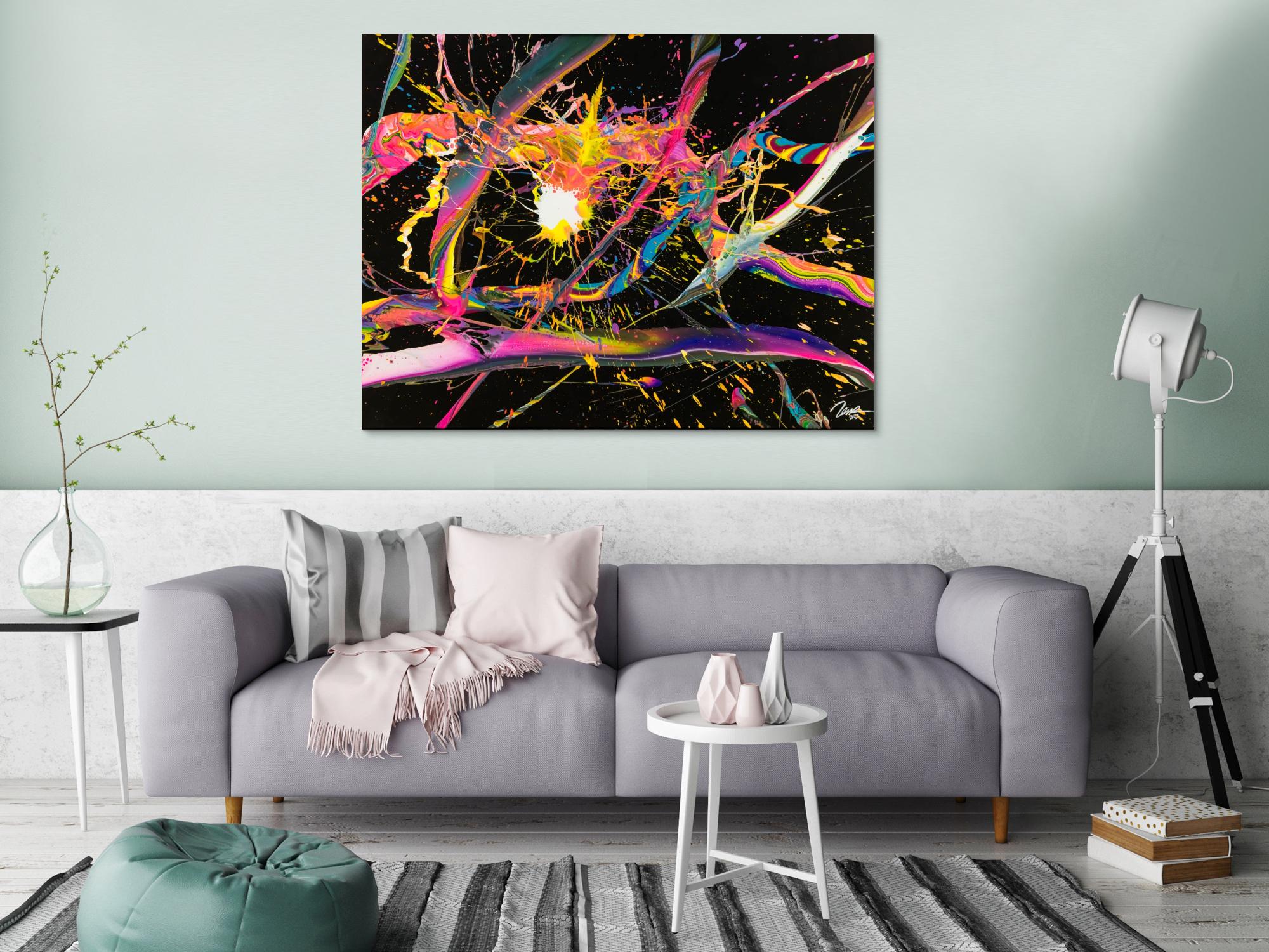 Abstraktes Gemälde 100x130cm Action Painting dynamisch Fluid Art schwarz NEON bunt auf Leinwand