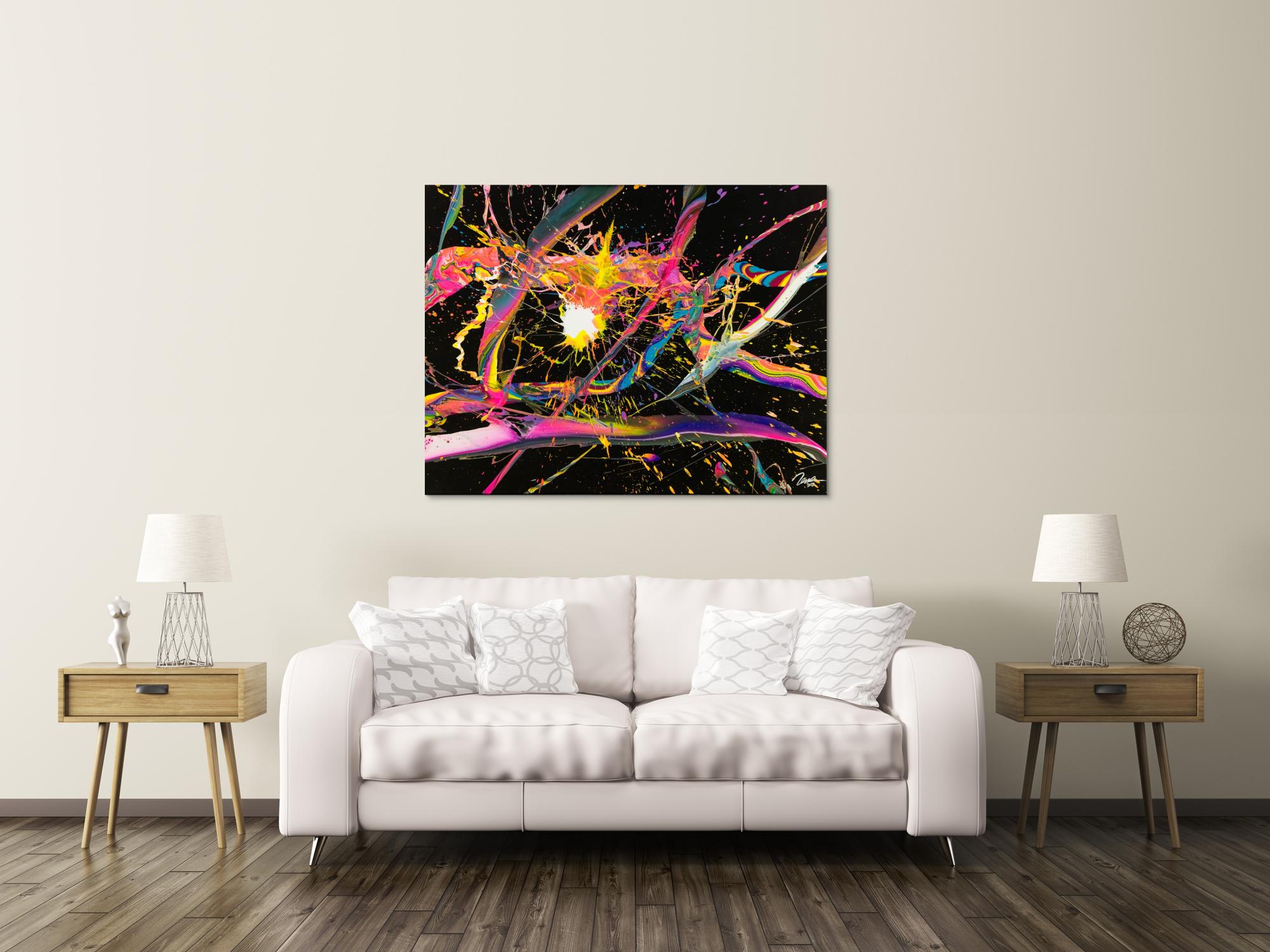 Abstraktes Gemälde 100x130cm Action Painting dynamisch Fluid Art schwarz NEON bunt auf Leinwand