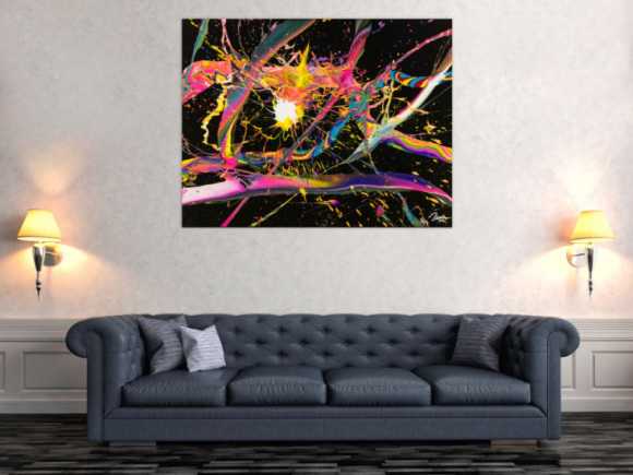 Abstraktes Gemälde 100x180cm Action Painting dynamisch Fluid Art schwarz NEON bunt auf Leinwand