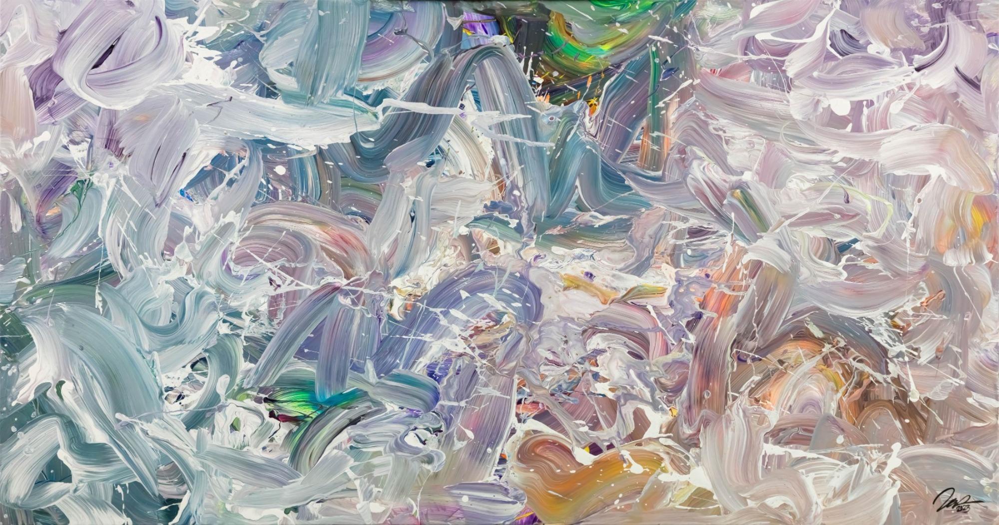 Gemälde Original abstrakt 100x180cm Mischtechnik expressionistisch handgemalt Fluid Painting weiß flieder türkis Unikat