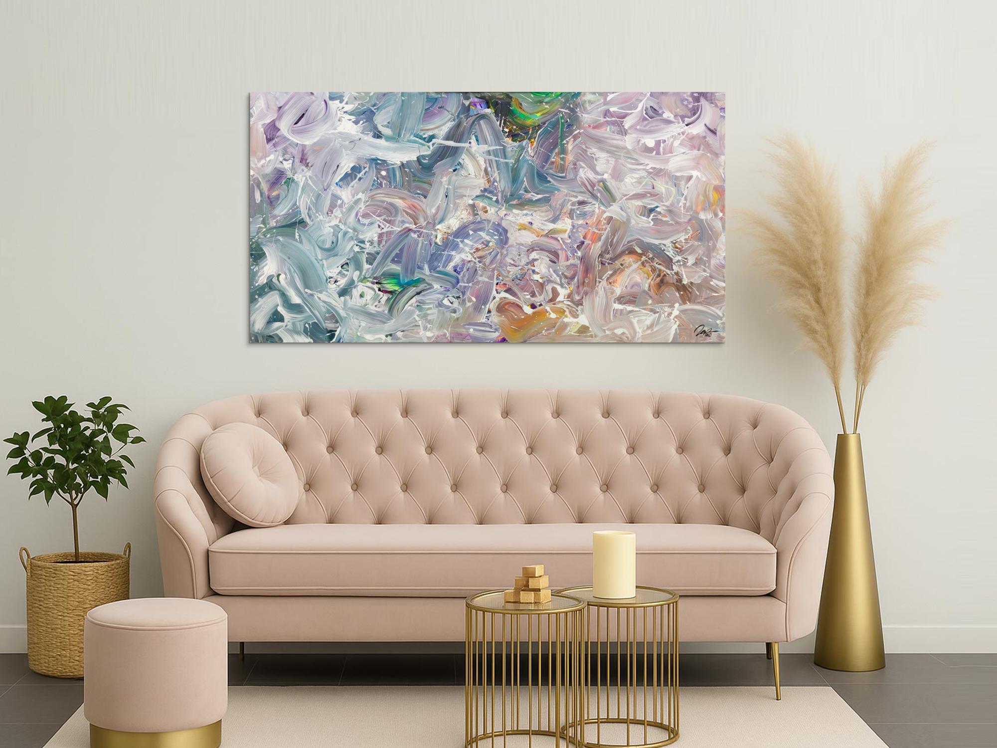 Gemälde Original abstrakt 100x180cm Mischtechnik expressionistisch handgemalt Fluid Painting weiß flieder türkis Unikat