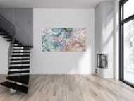 Gemälde Original abstrakt 100x180cm Mischtechnik expressionistisch handgemalt Fluid Painting weiß flieder türkis Unikat