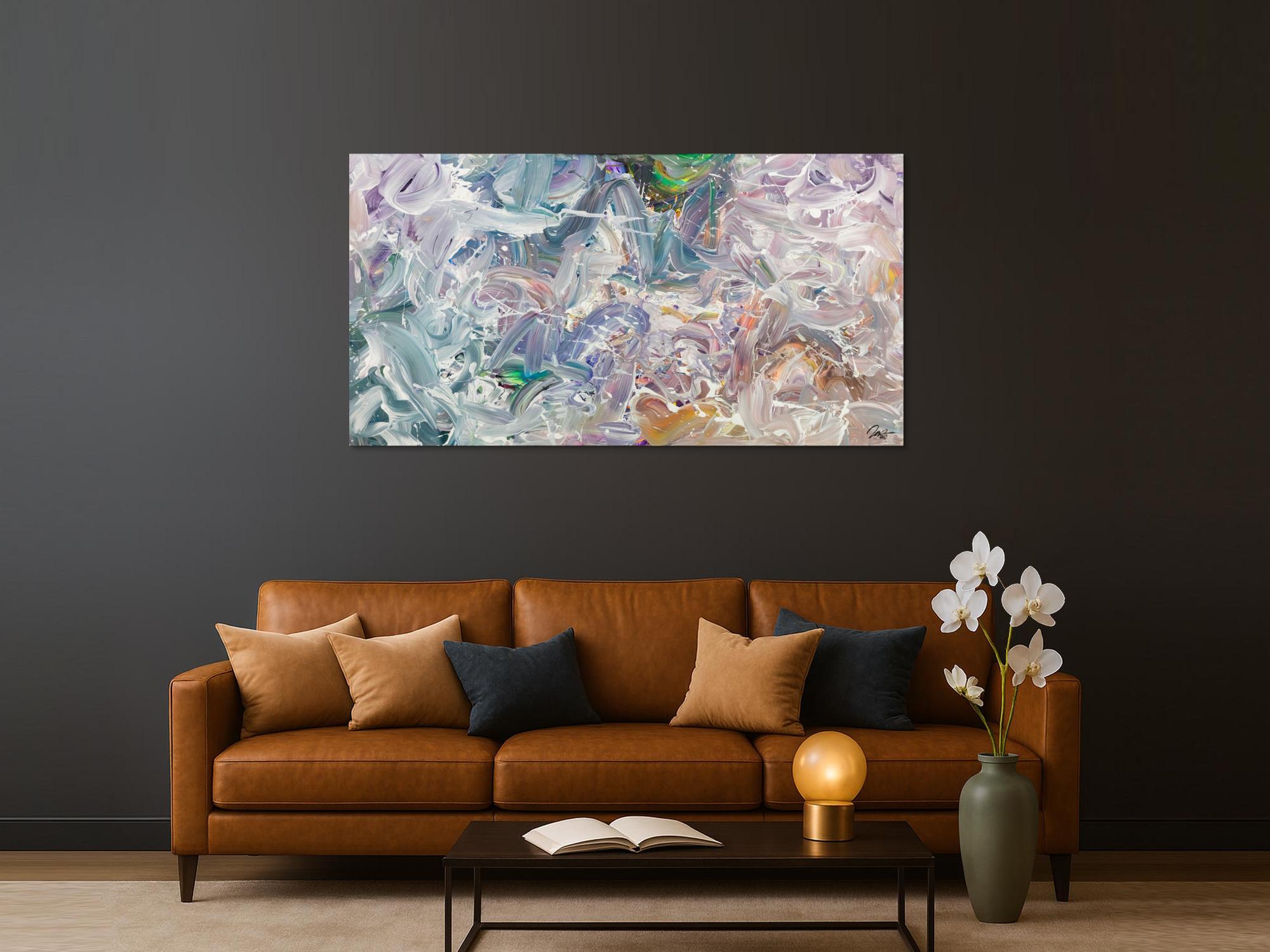 Gemälde Original abstrakt 100x180cm Mischtechnik expressionistisch handgemalt Fluid Painting weiß flieder türkis Unikat