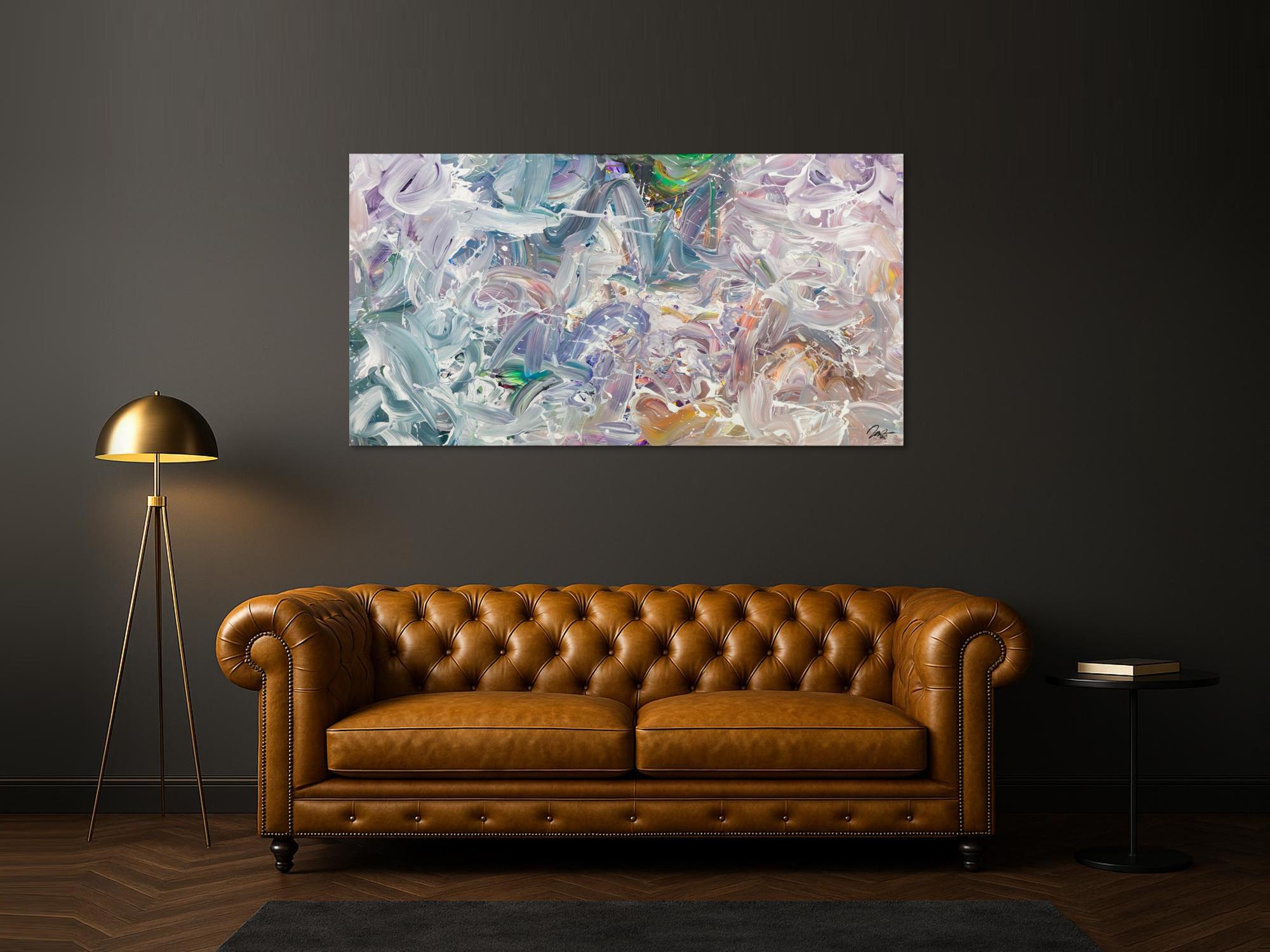 Gemälde Original abstrakt 100x180cm Mischtechnik expressionistisch handgemalt Fluid Painting weiß flieder türkis Unikat