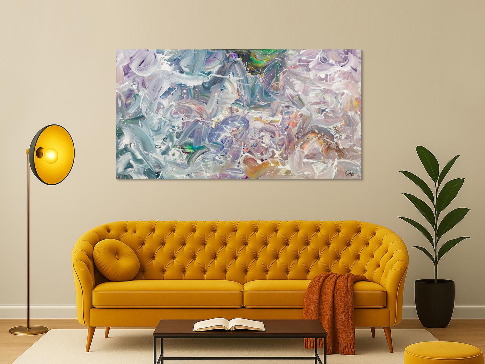 Gemälde Original abstrakt 100x180cm Mischtechnik expressionistisch handgemalt Fluid Painting weiß flieder türkis Unikat