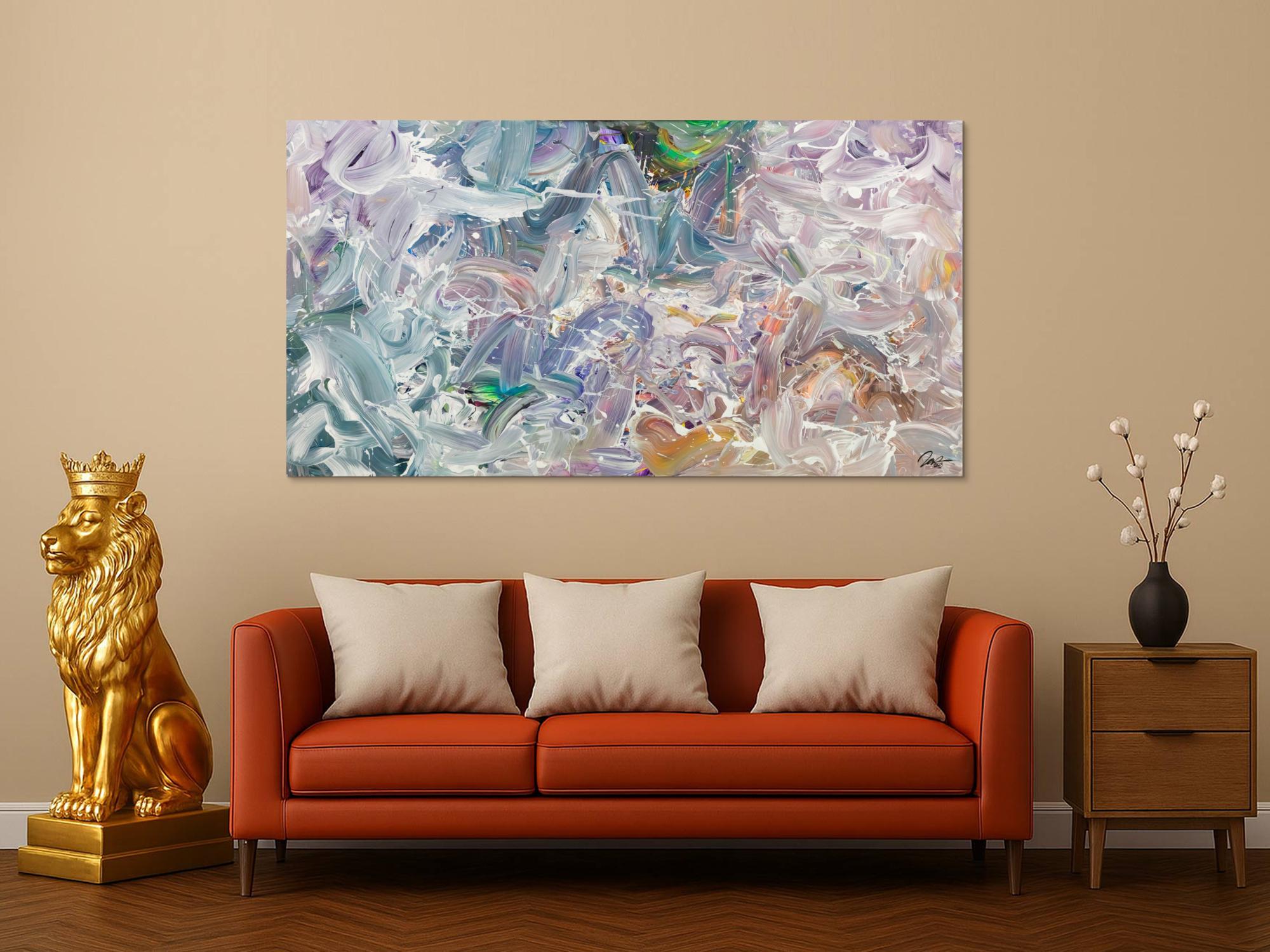 Gemälde Original abstrakt 100x180cm Mischtechnik expressionistisch handgemalt Fluid Painting weiß flieder türkis Unikat