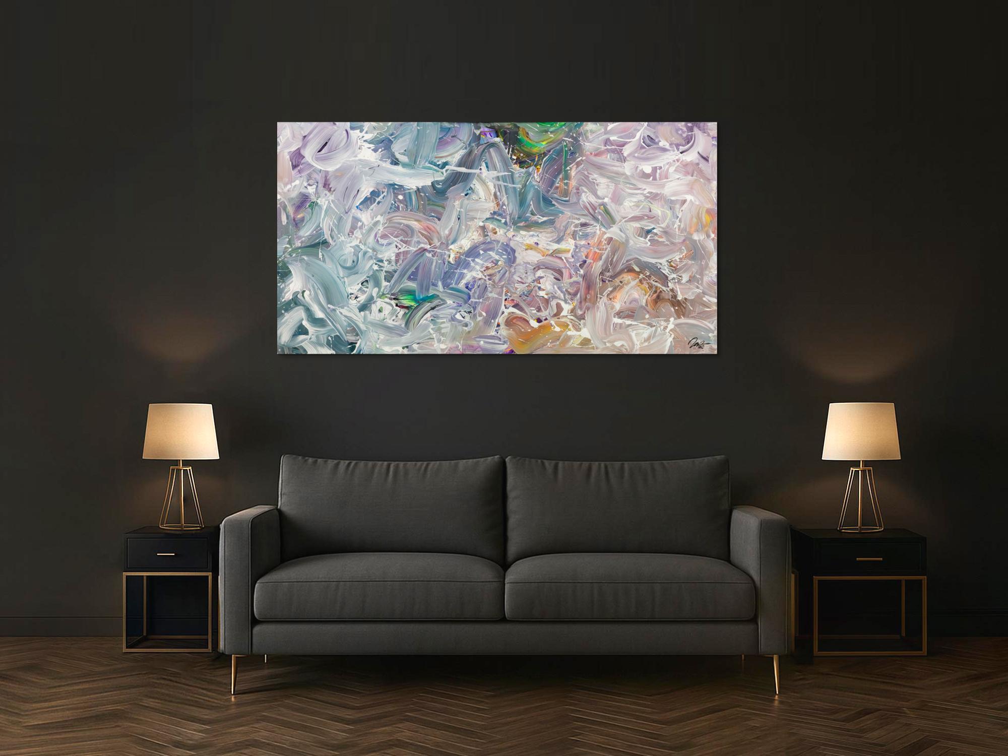 Gemälde Original abstrakt 100x180cm Mischtechnik expressionistisch handgemalt Fluid Painting weiß flieder türkis Unikat