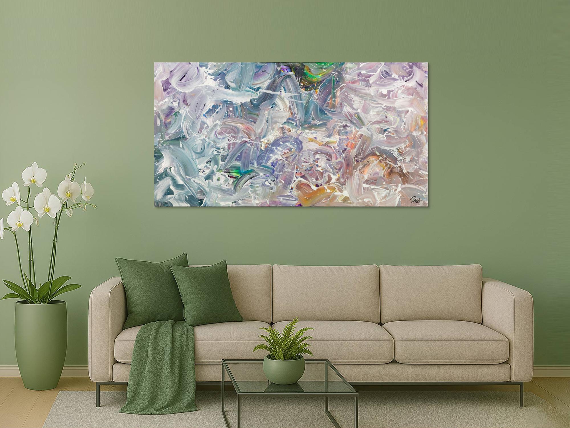 Gemälde Original abstrakt 100x180cm Mischtechnik expressionistisch handgemalt Fluid Painting weiß flieder türkis Unikat