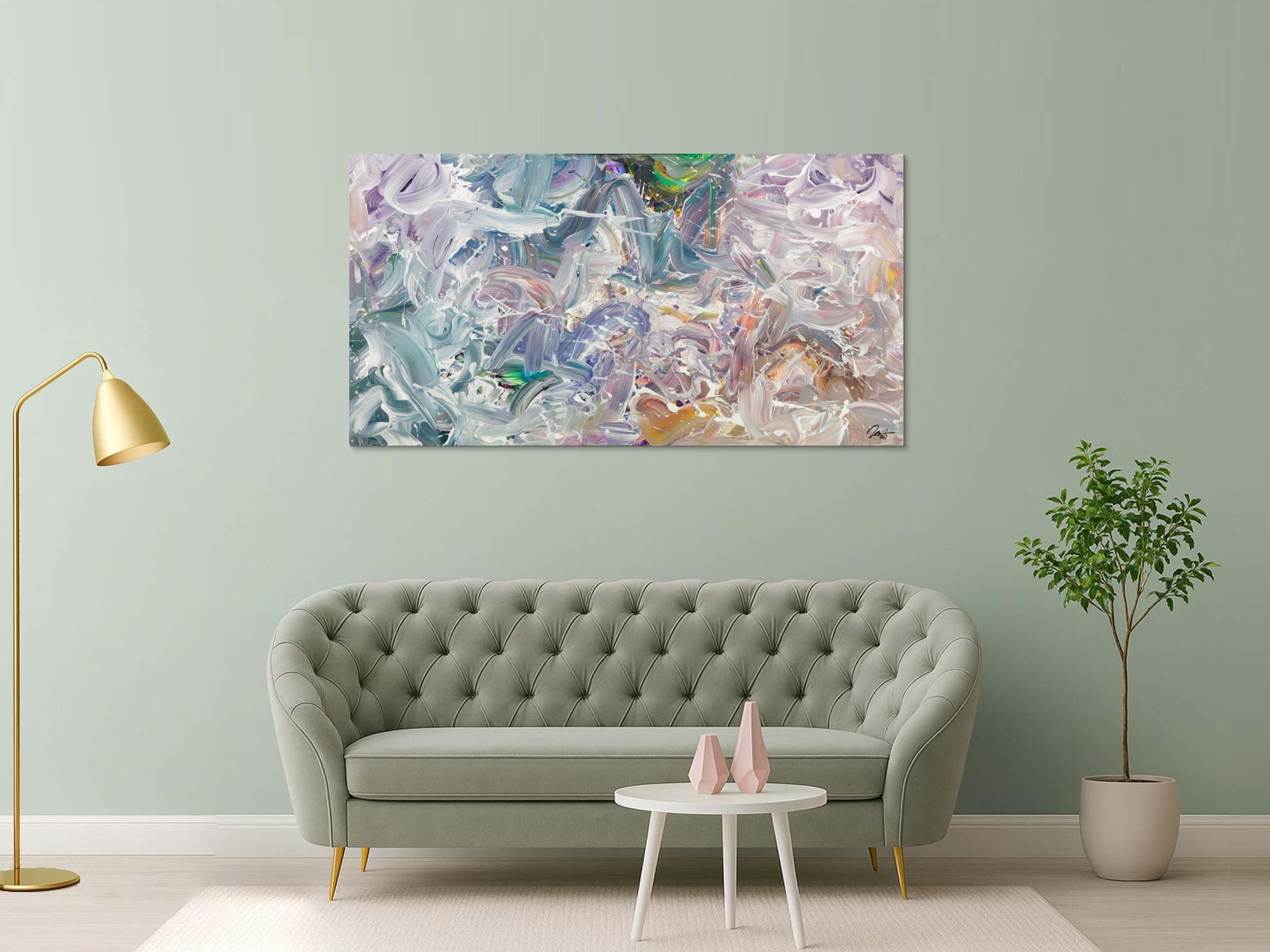 Gemälde Original abstrakt 100x180cm Mischtechnik expressionistisch handgemalt Fluid Painting weiß flieder türkis Unikat