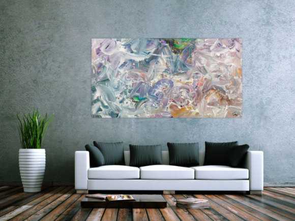 Gemälde Original abstrakt 100x180cm Mischtechnik expressionistisch handgemalt Fluid Painting weiß flieder türkis Unikat