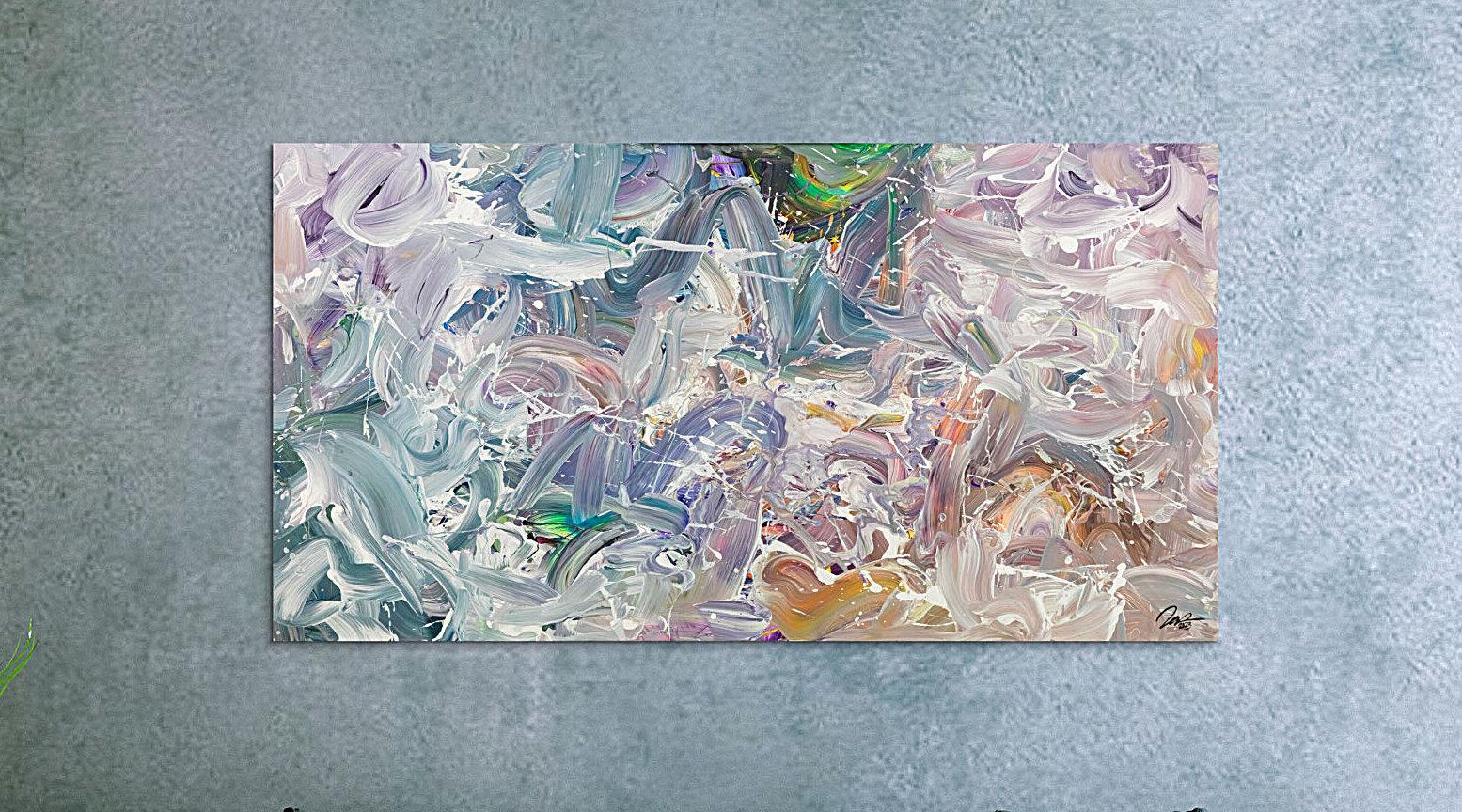 Gemälde Original abstrakt 100x180cm Mischtechnik expressionistisch handgemalt Fluid Painting weiß flieder türkis Unikat