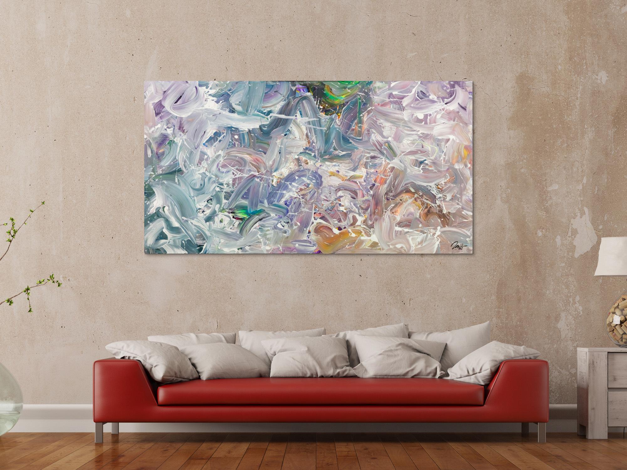 Gemälde Original abstrakt 100x180cm Mischtechnik expressionistisch handgemalt Fluid Painting weiß flieder türkis Unikat