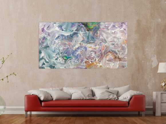 Gemälde Original abstrakt 100x180cm Mischtechnik expressionistisch handgemalt Fluid Painting weiß flieder türkis Unikat