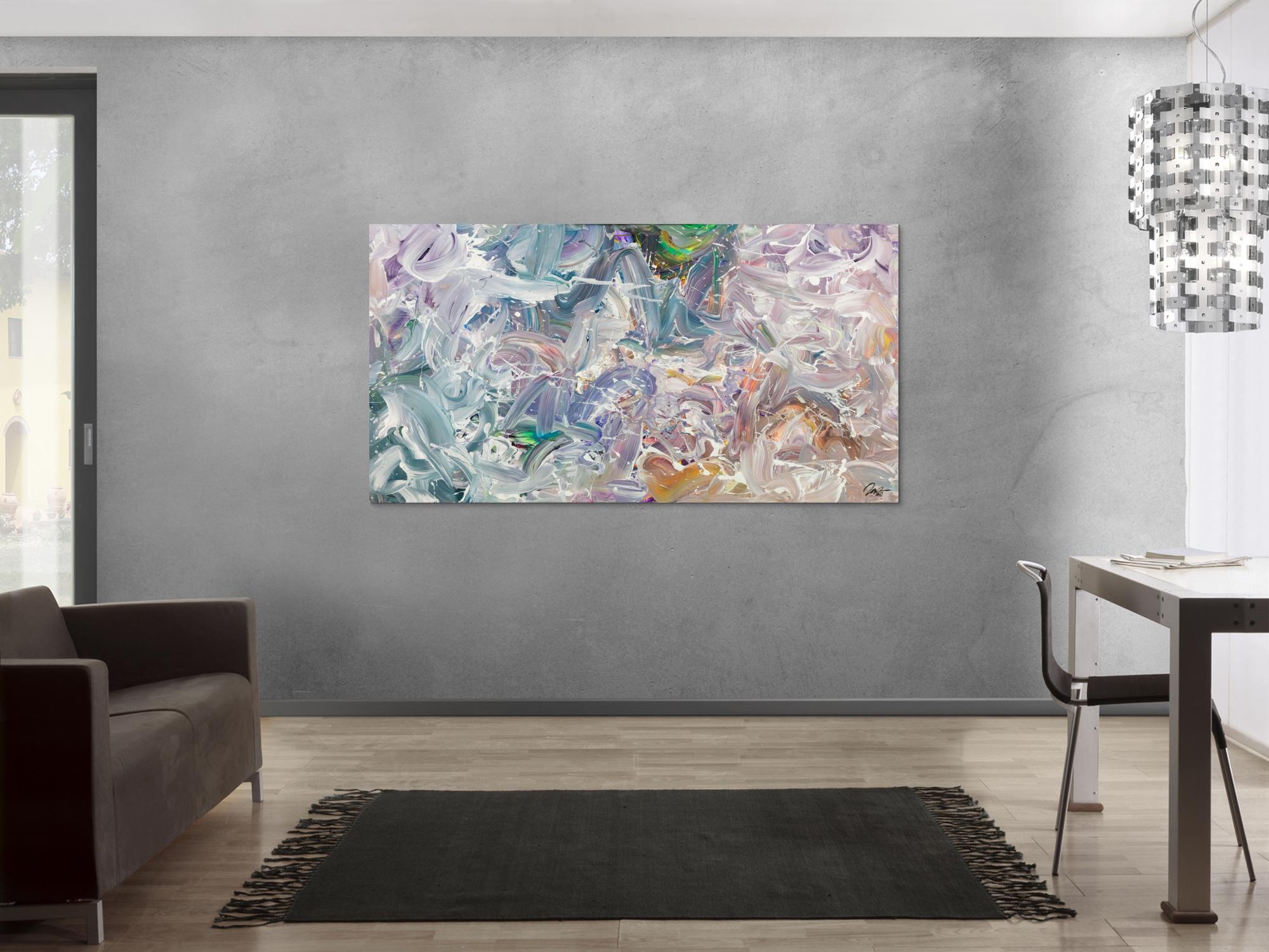 Gemälde Original abstrakt 100x180cm Mischtechnik expressionistisch handgemalt Fluid Painting weiß flieder türkis Unikat