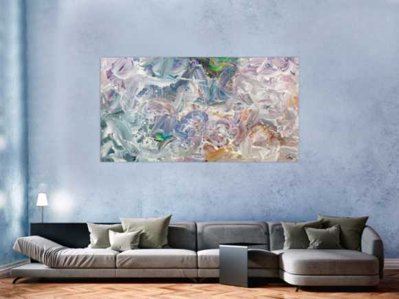 Gemälde Original abstrakt 100x180cm Mischtechnik expressionistisch handgemalt Fluid Painting weiß flieder türkis Unikat