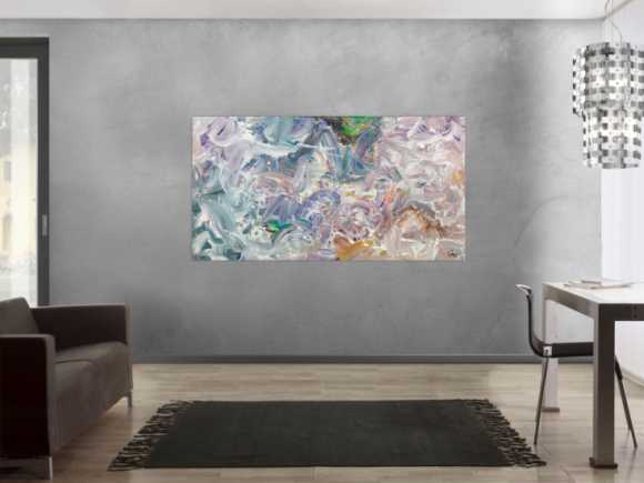 Gemälde Original abstrakt 100x180cm Mischtechnik expressionistisch handgemalt Fluid Painting weiß flieder türkis Unikat