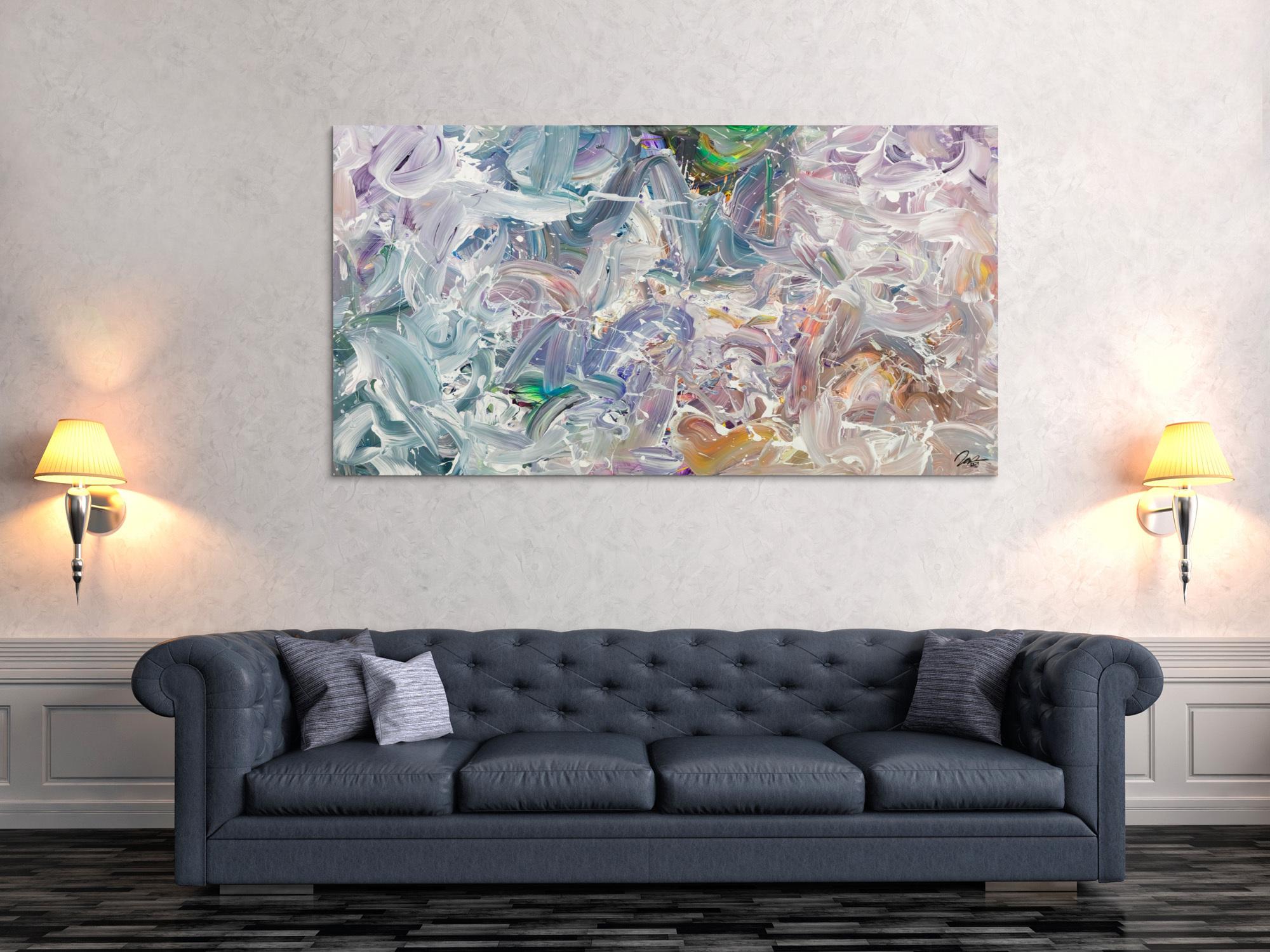 Gemälde Original abstrakt 100x180cm Mischtechnik expressionistisch handgemalt Fluid Painting weiß flieder türkis Unikat