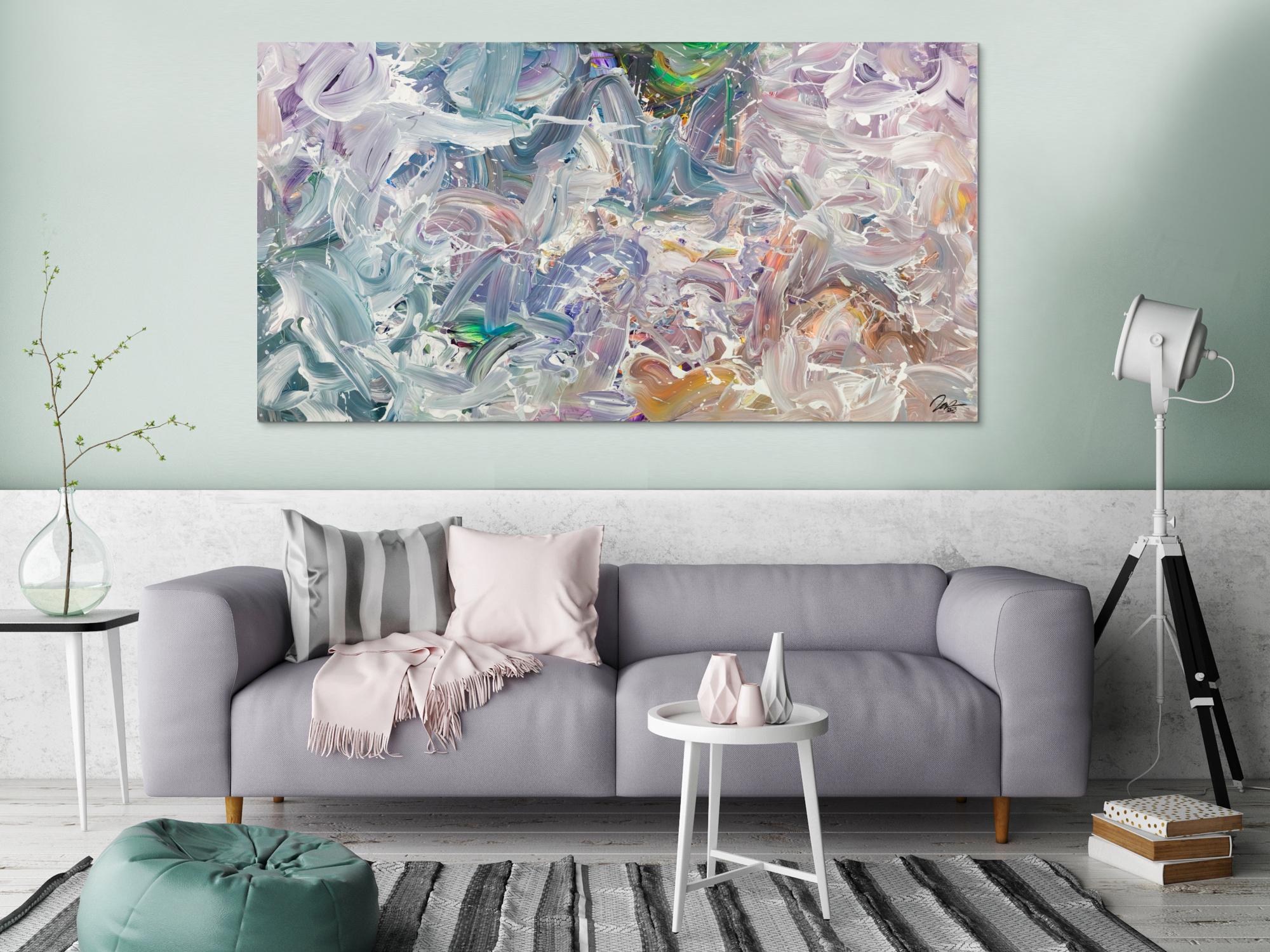 Gemälde Original abstrakt 100x180cm Mischtechnik expressionistisch handgemalt Fluid Painting weiß flieder türkis Unikat