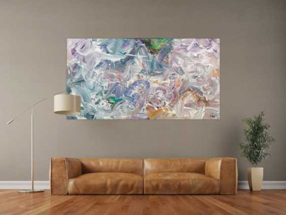 Gemälde Original abstrakt 100x180cm Mischtechnik expressionistisch handgemalt Fluid Painting weiß flieder türkis Unikat