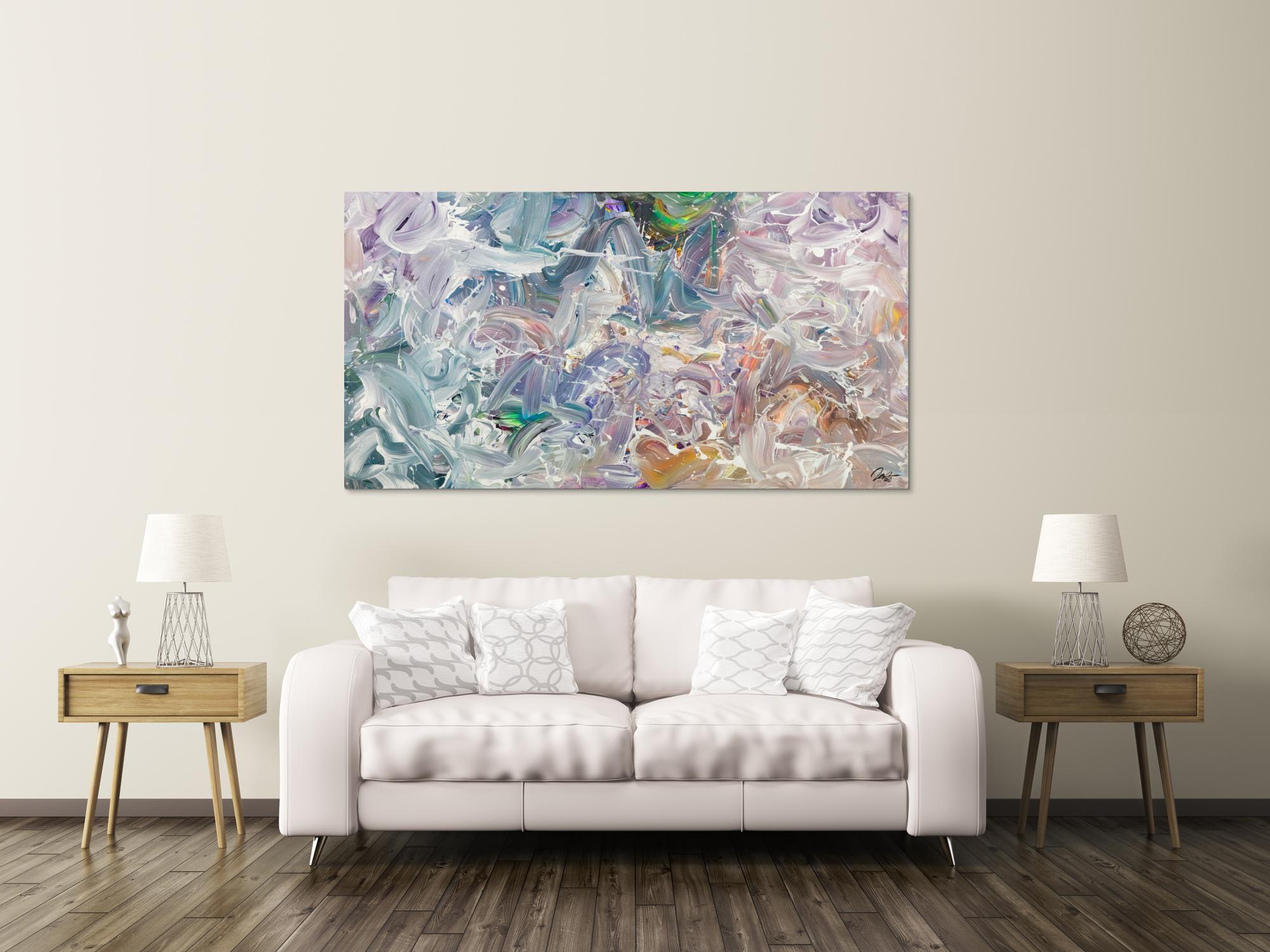 Gemälde Original abstrakt 100x180cm Mischtechnik expressionistisch handgemalt Fluid Painting weiß flieder türkis Unikat