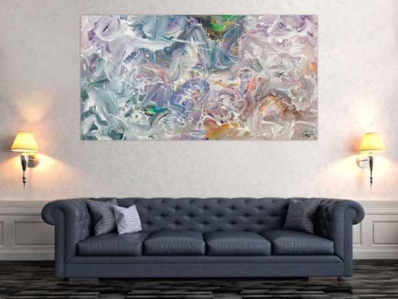 Gemälde Original abstrakt 100x180cm Mischtechnik expressionistisch handgemalt Fluid Painting weiß flieder türkis Unikat