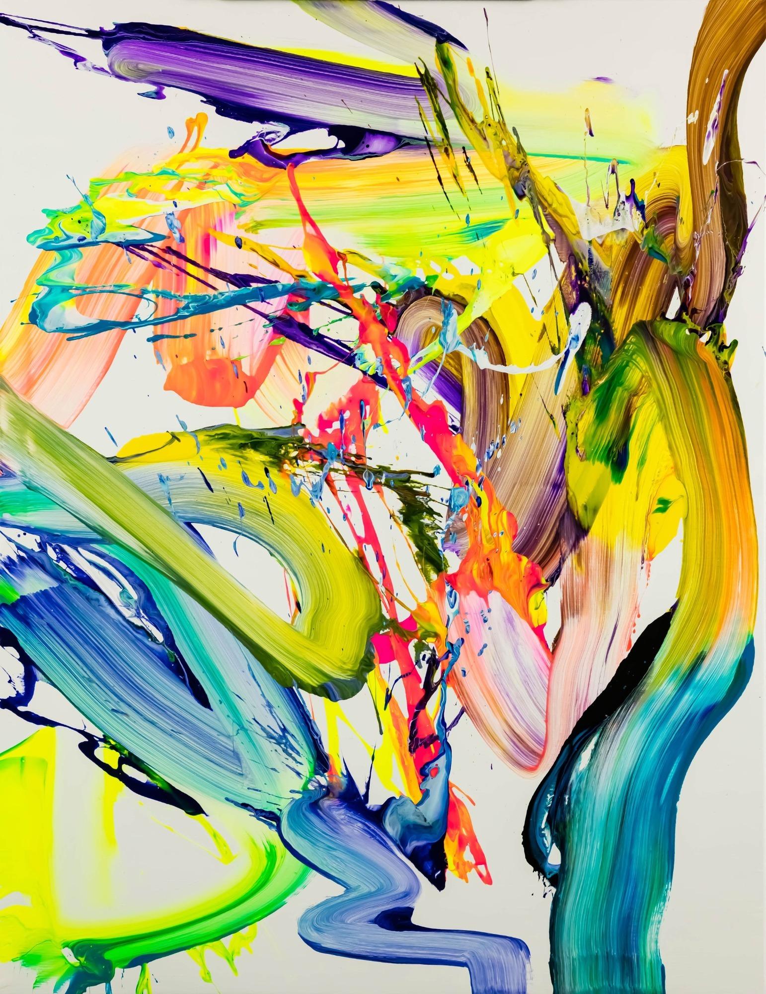 Abstraktes Bild 130x100cm Action Painting handgemalt Fluid ART weiß NEON bunt gelb hochwertig