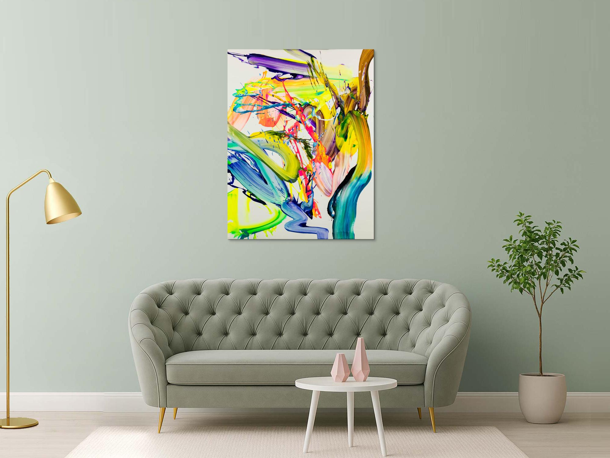 Abstraktes Bild 130x100cm Action Painting handgemalt Fluid ART weiß NEON bunt gelb hochwertig