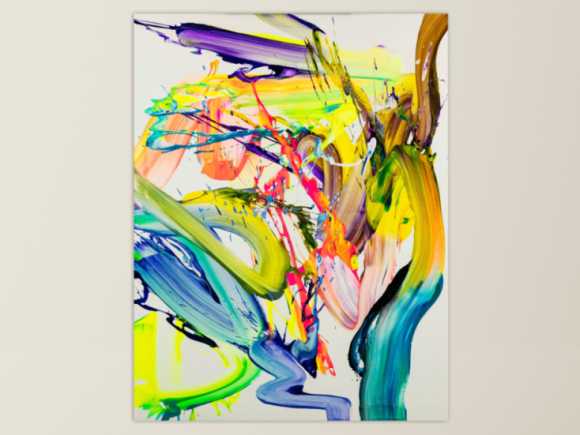 Abstraktes Bild 130x100cm Action Painting handgemalt Fluid ART weiß NEON bunt gelb hochwertig