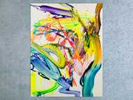Abstraktes Bild 130x100cm Action Painting handgemalt Fluid ART weiß NEON bunt gelb hochwertig