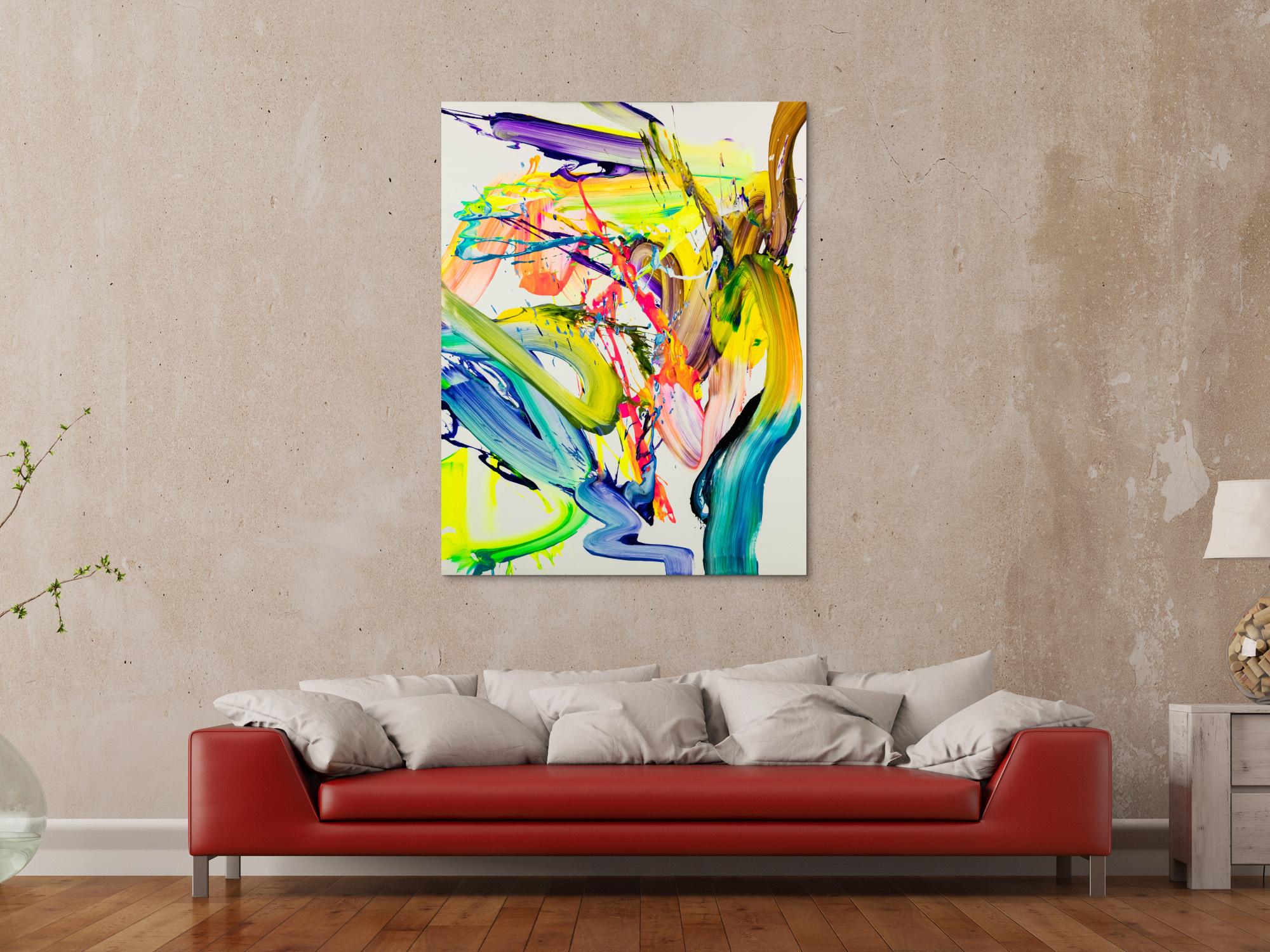 Abstraktes Bild 130x100cm Action Painting handgemalt Fluid ART weiß NEON bunt gelb hochwertig