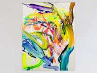 Abstraktes Bild 130x100cm Action Painting handgemalt Fluid ART weiß NEON bunt gelb hochwertig