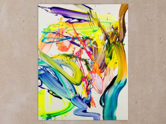 Abstraktes Bild 130x100cm Action Painting handgemalt Fluid ART weiß NEON bunt gelb hochwertig
