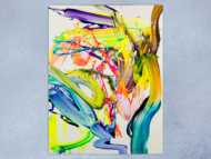 Abstraktes Bild 130x100cm Action Painting handgemalt Fluid ART weiß NEON bunt gelb hochwertig