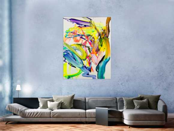 Abstraktes Bild 130x100cm Action Painting handgemalt Fluid ART weiß NEON bunt gelb hochwertig