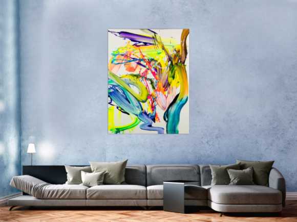 Abstraktes Bild 130x100cm Action Painting handgemalt Fluid ART weiß NEON bunt gelb hochwertig