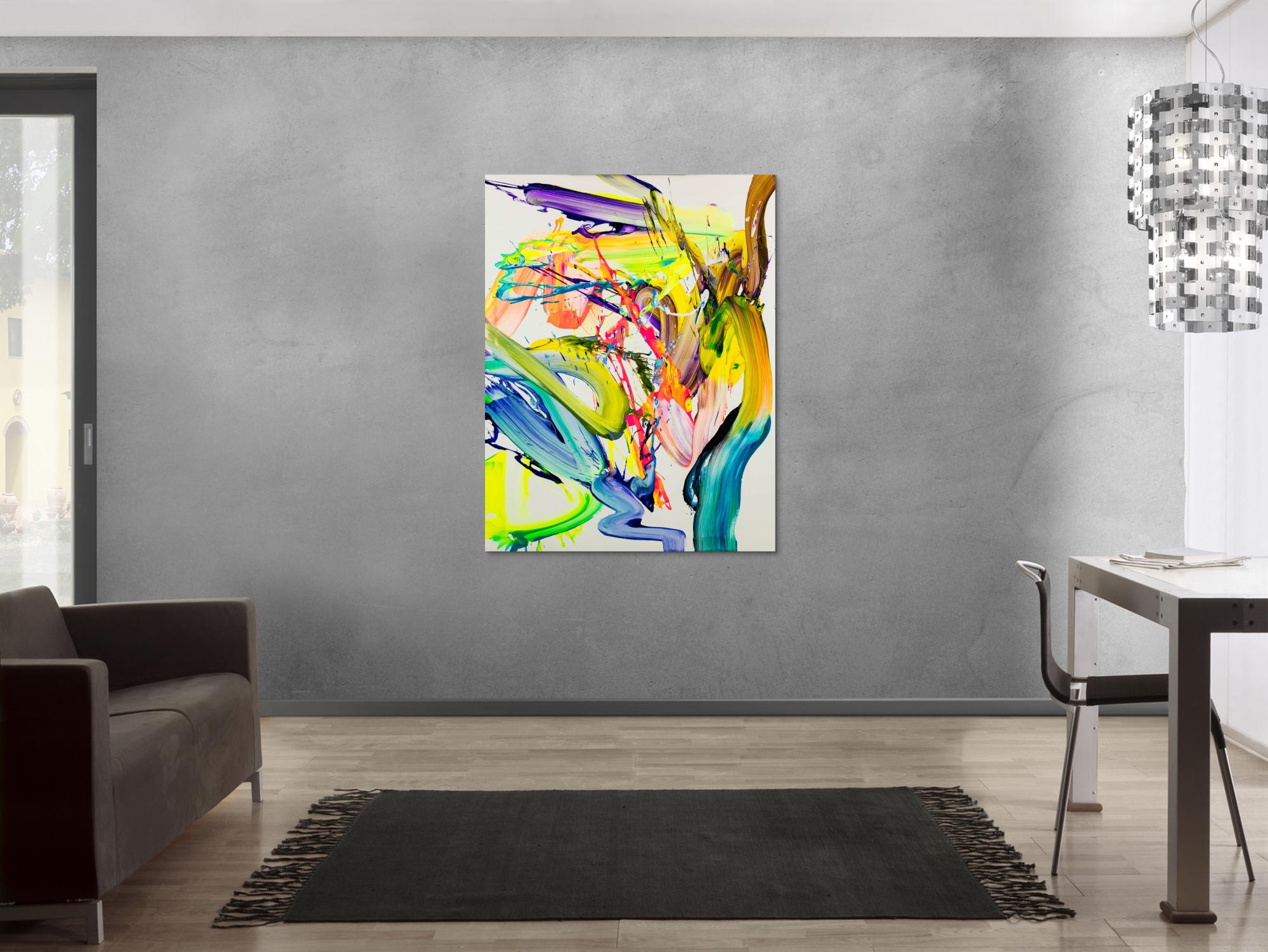 Abstraktes Bild 130x100cm Action Painting handgemalt Fluid ART weiß NEON bunt gelb hochwertig