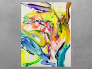 Abstraktes Bild 130x100cm Action Painting handgemalt Fluid ART weiß NEON bunt gelb hochwertig