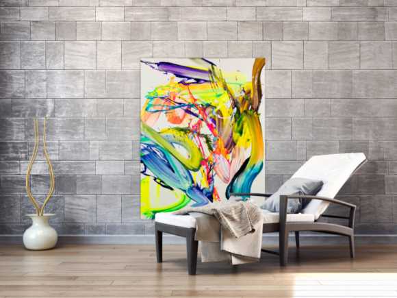 Abstraktes Bild 130x100cm Action Painting handgemalt Fluid ART weiß NEON bunt gelb hochwertig