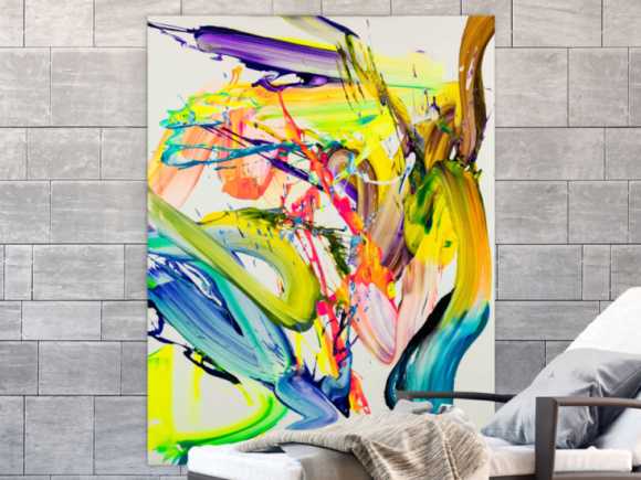 Abstraktes Bild 130x100cm Action Painting handgemalt Fluid ART weiß NEON bunt gelb hochwertig