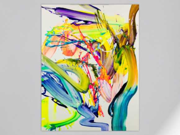 Abstraktes Bild 130x100cm Action Painting handgemalt Fluid ART weiß NEON bunt gelb hochwertig