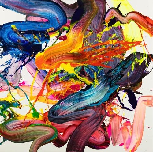 Abstraktes Original Gemälde 130x130cm Action Painting Moderne Kunst handgemalt Fluid Painting bunt weiß rot Einzelstück