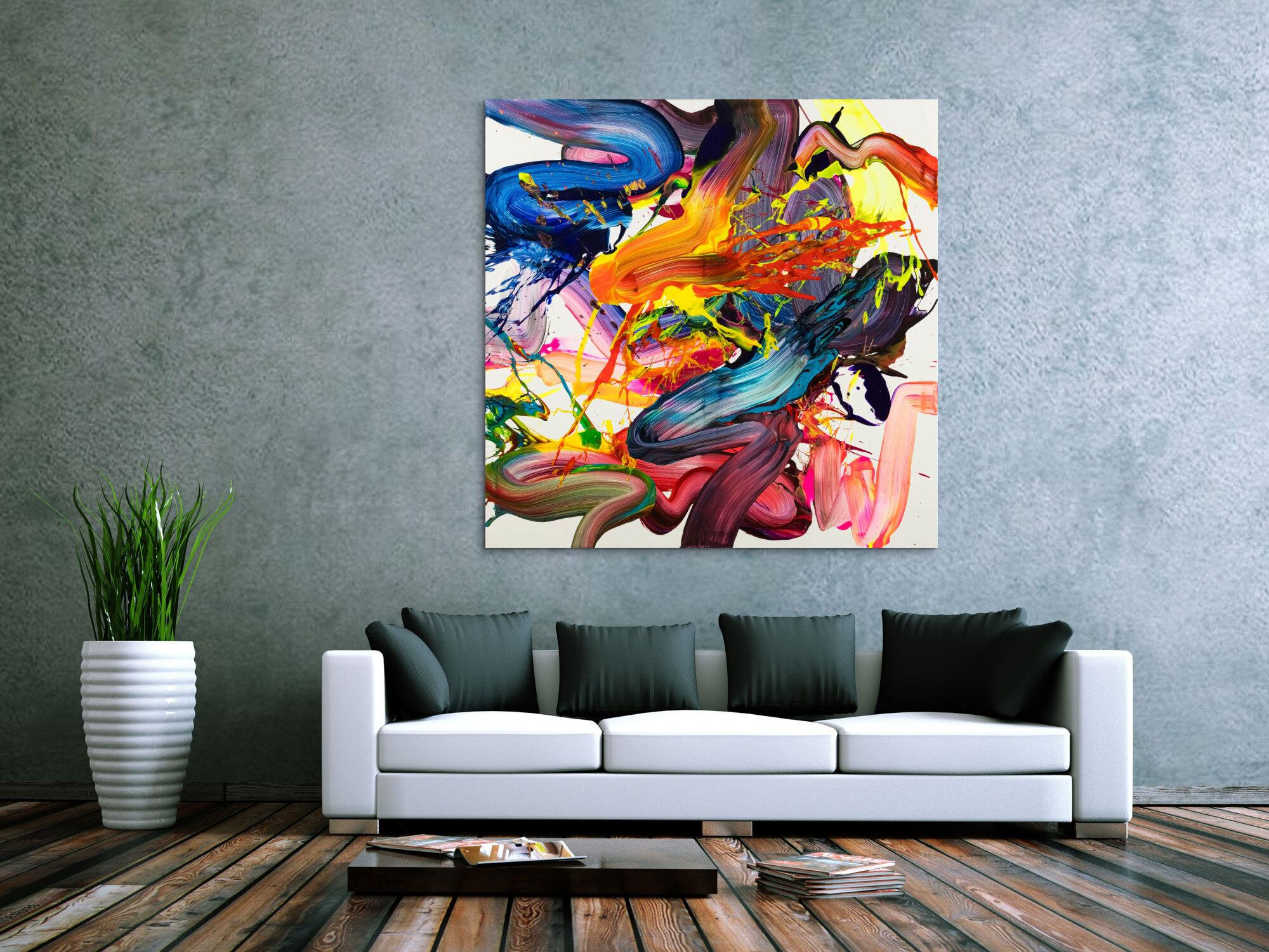 Abstraktes Original Gemälde 130x130cm Action Painting Moderne Kunst handgemalt Fluid Painting bunt weiß rot Einzelstück