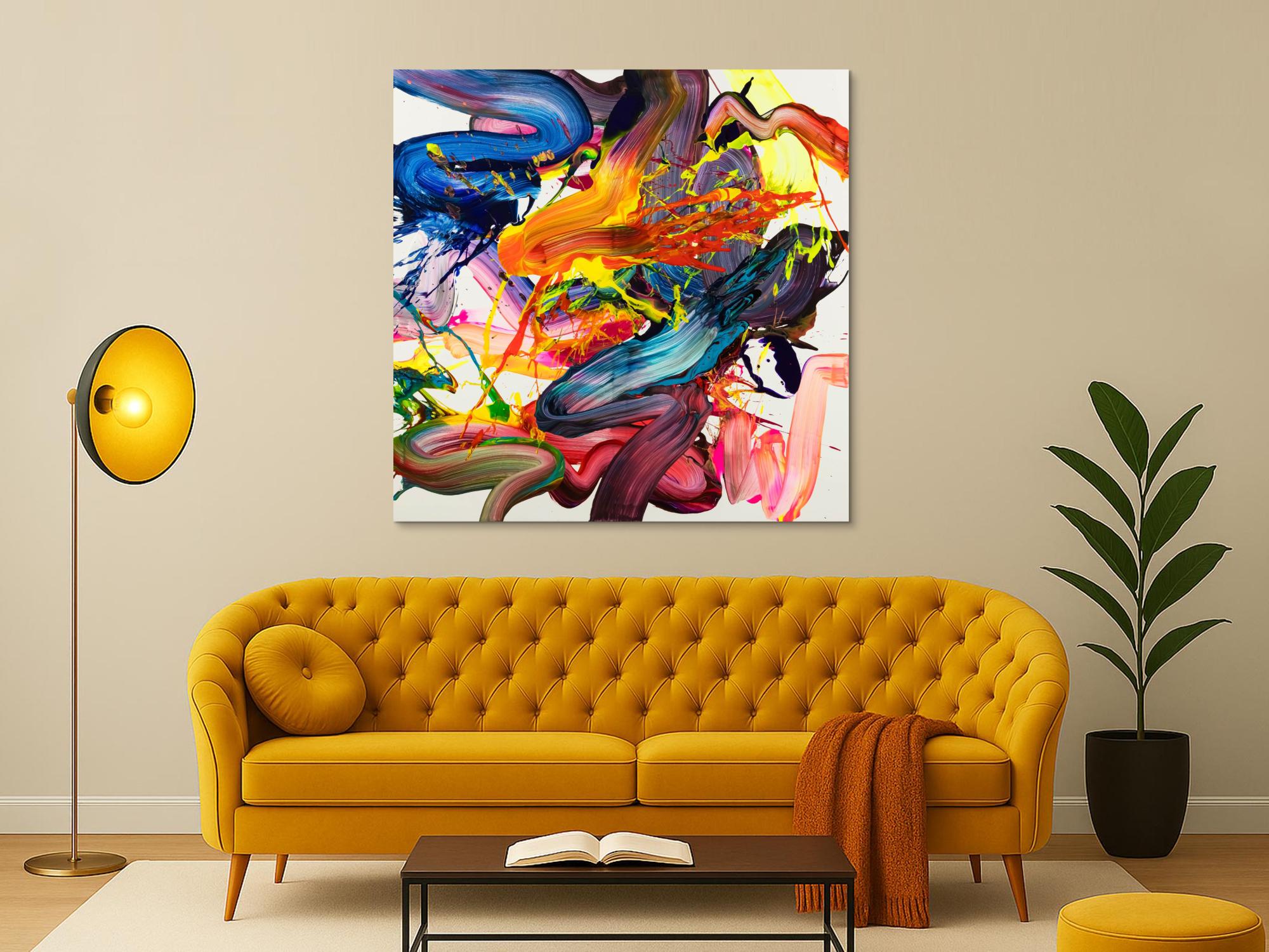 Abstraktes Original Gemälde 130x130cm Action Painting Moderne Kunst handgemalt Fluid Painting bunt weiß rot Einzelstück