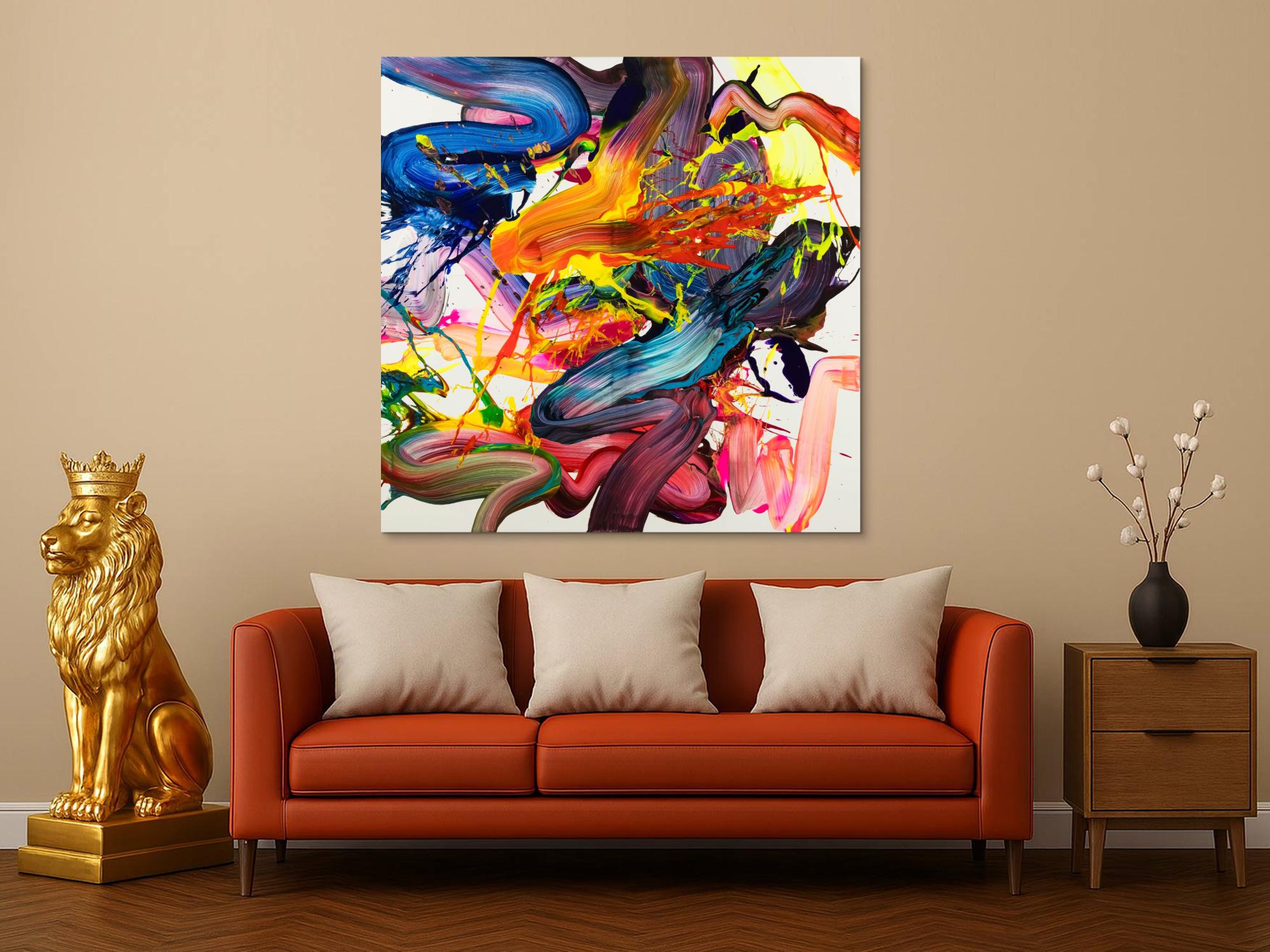 Abstraktes Original Gemälde 130x130cm Action Painting Moderne Kunst handgemalt Fluid Painting bunt weiß rot Einzelstück