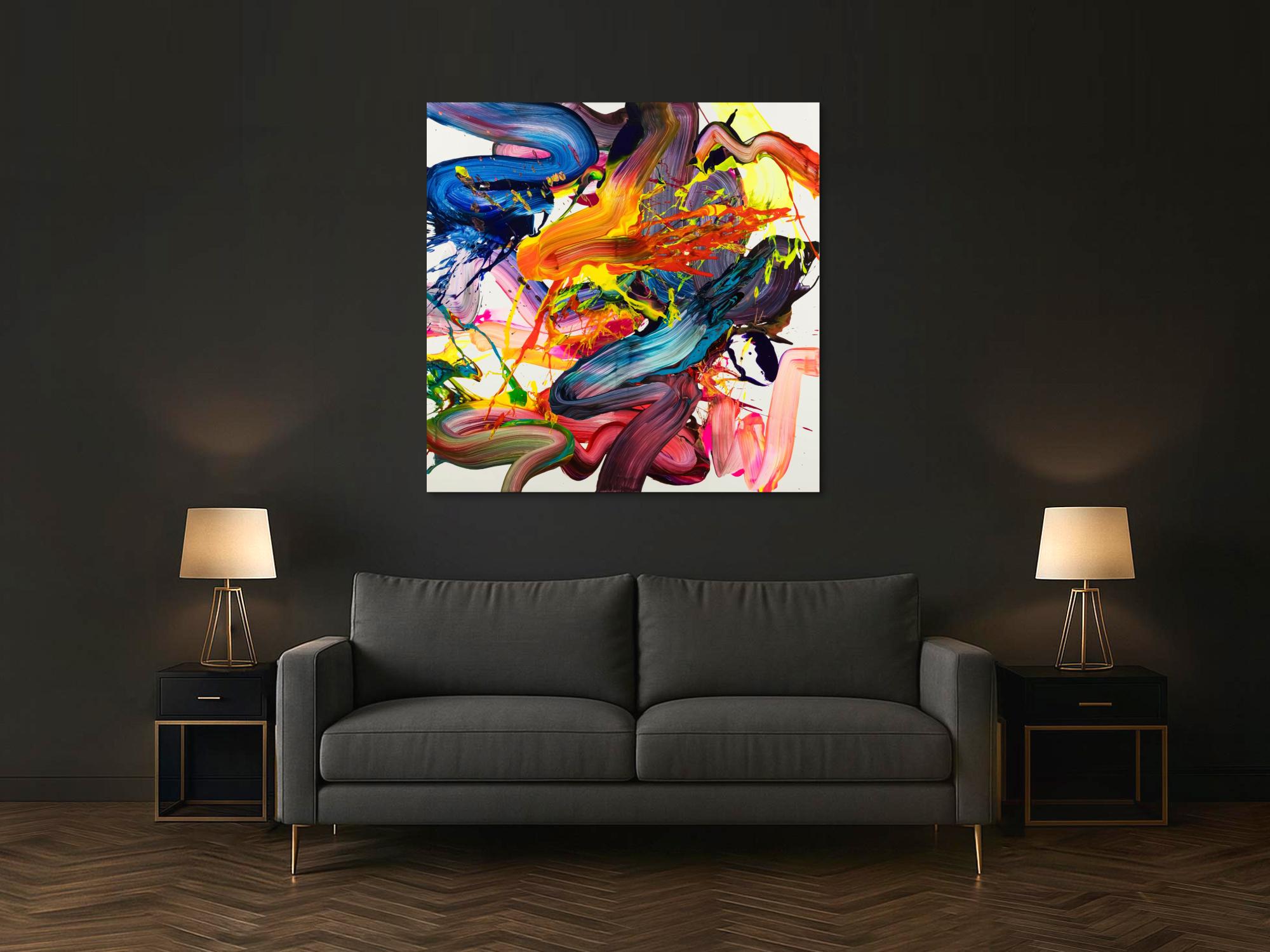 Abstraktes Original Gemälde 130x130cm Action Painting Moderne Kunst handgemalt Fluid Painting bunt weiß rot Einzelstück