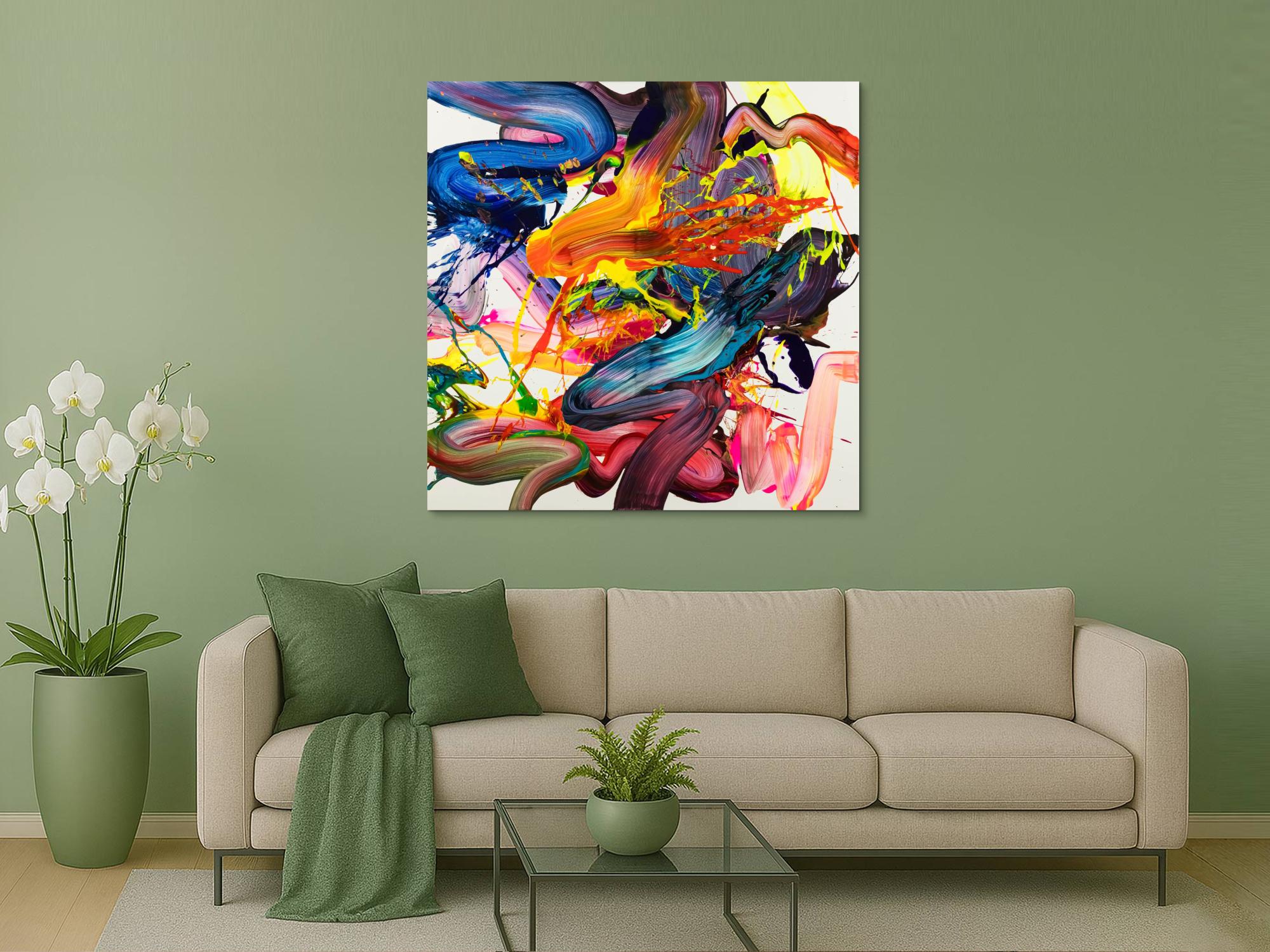 Abstraktes Original Gemälde 130x130cm Action Painting Moderne Kunst handgemalt Fluid Painting bunt weiß rot Einzelstück