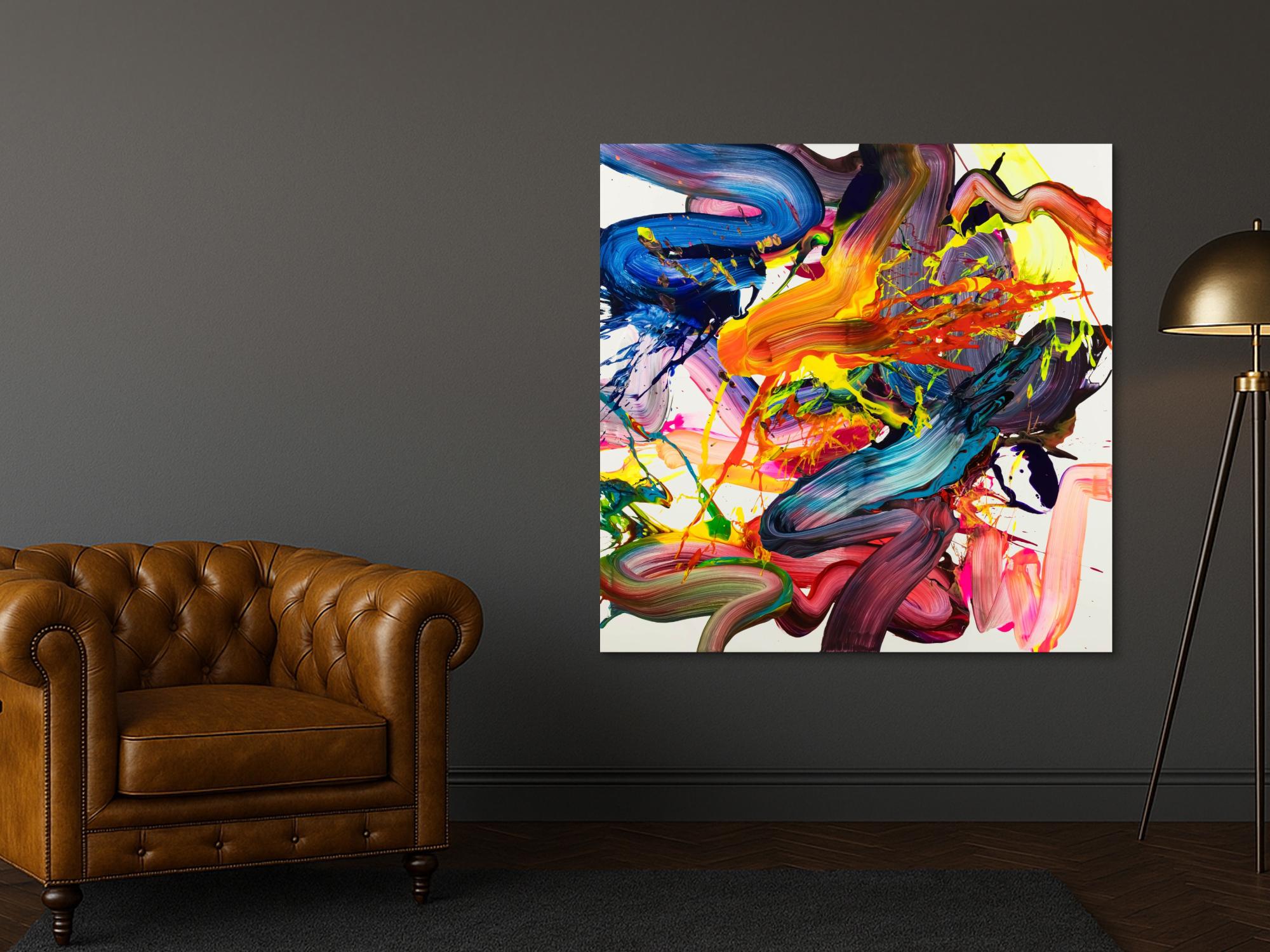 Abstraktes Original Gemälde 130x130cm Action Painting Moderne Kunst handgemalt Fluid Painting bunt weiß rot Einzelstück