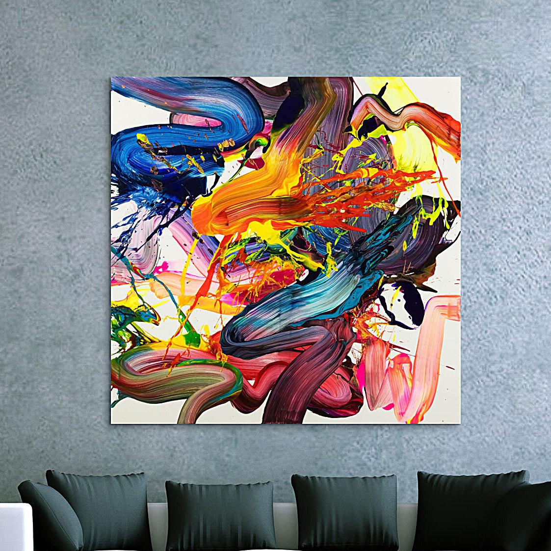 Abstraktes Original Gemälde 130x130cm Action Painting Moderne Kunst handgemalt Fluid Painting bunt weiß rot Einzelstück